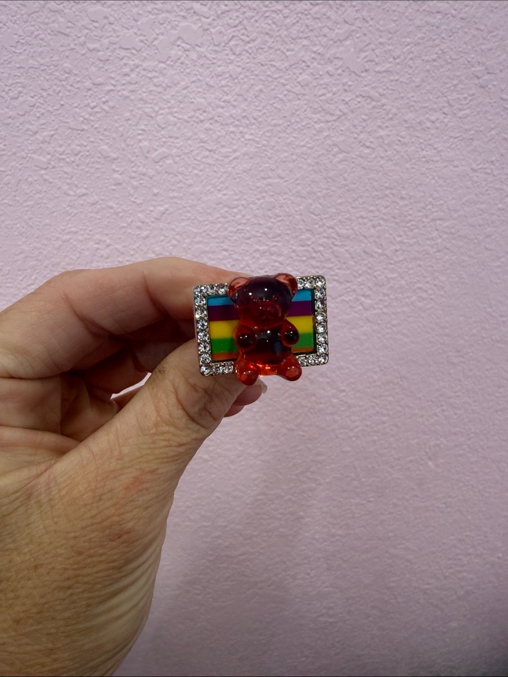 Betsey Johnson Rainbow Stripe Ring with Red Gummy Bear on top - Picture 4 of 7